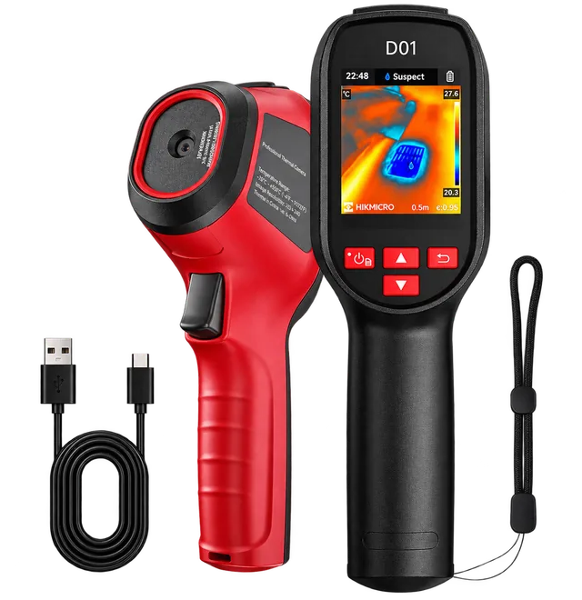 Caméra thermique D01 rouge et noire, avec écran thermique, câble USB et dragonne