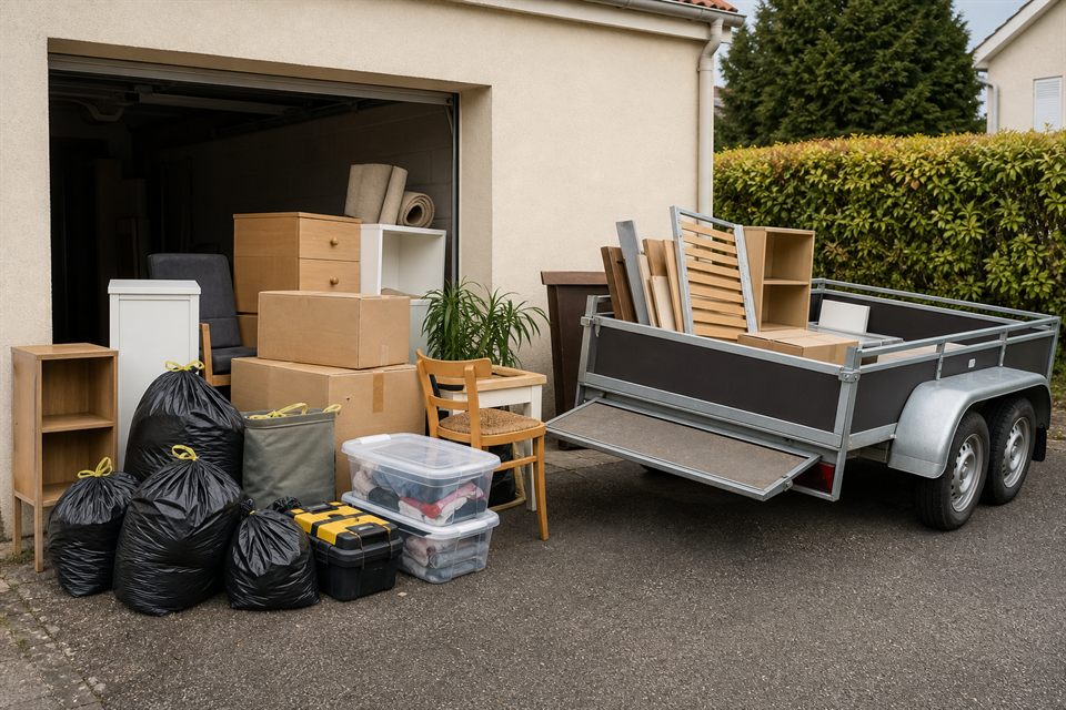 Objets préparés pour un vide maison avec remorque
